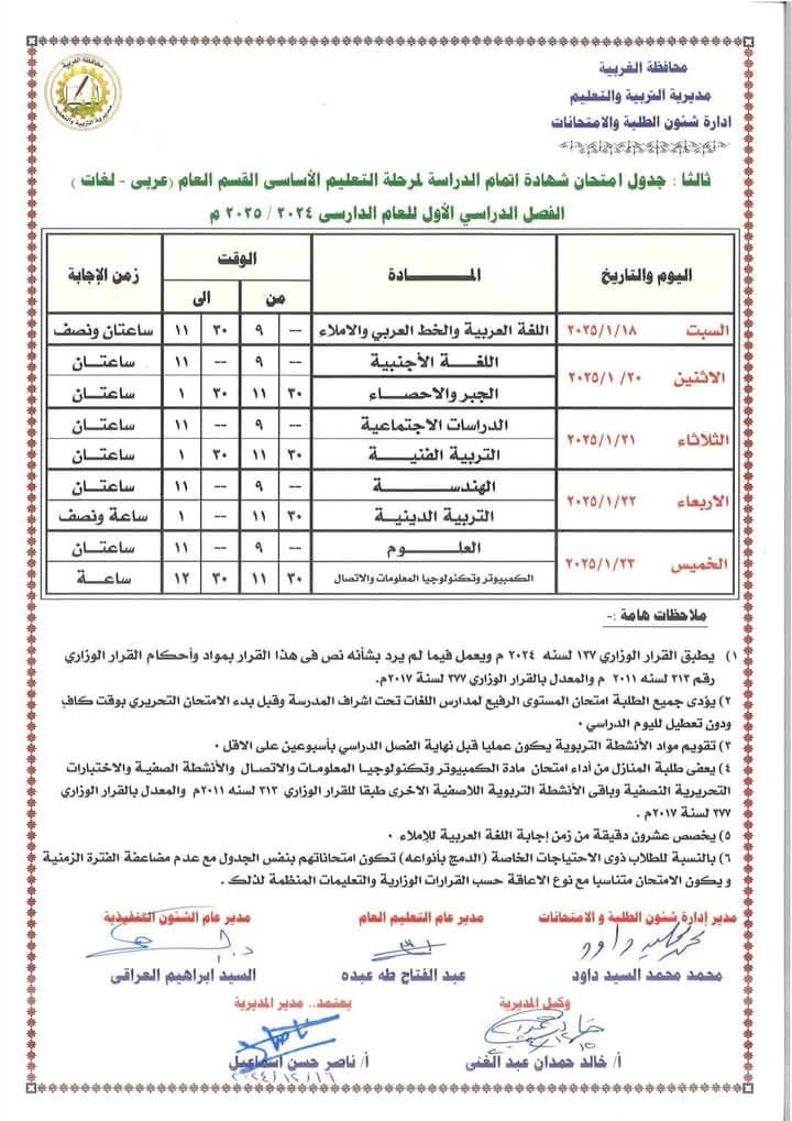 جدول امتحانات الصف الثالث الاعدادي