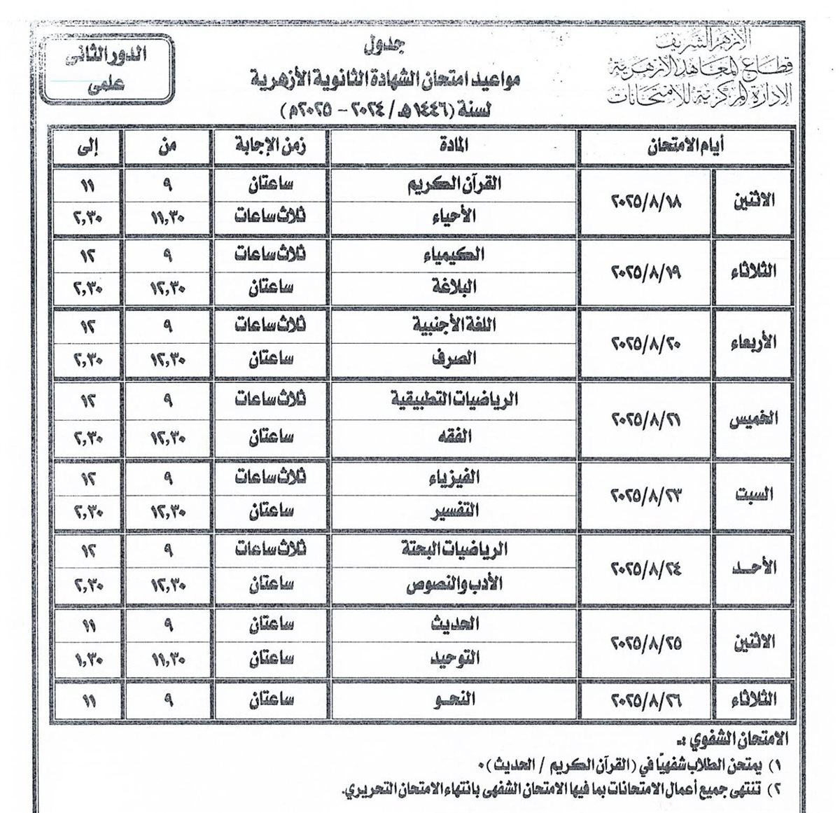 جدول امتحانات الدور الثاني للشهادة الثانوية الأزهرية