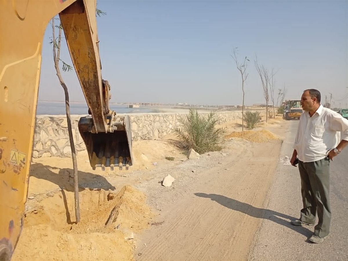 حملات مكبرة لتمهيد الطرق وصيانة الإنارة بالقرى وغرس أشجار بطريق بحيرة قارون ضمن مبادرة 100 مليون شجرة