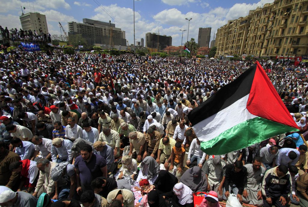 رفع علم فلسطين خلال أحد المظاهرات بميدان التحرير.