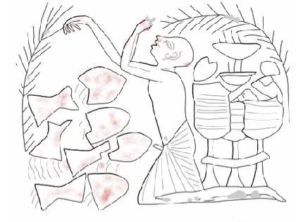 تكسير الاواني الحمراء من الفخار لطرد الشر والارواح الشريرة <br>منظر من مقبرة الملك حورمحب بسقارة