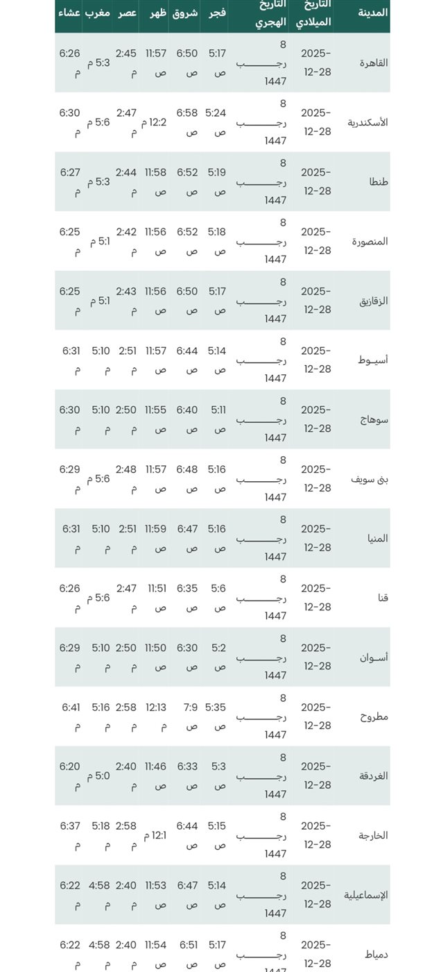 مواقيت الصلاة اليوم&nbsp;