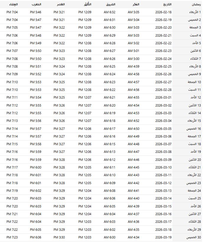 &nbsp;امساكية رمضان 2026/1447