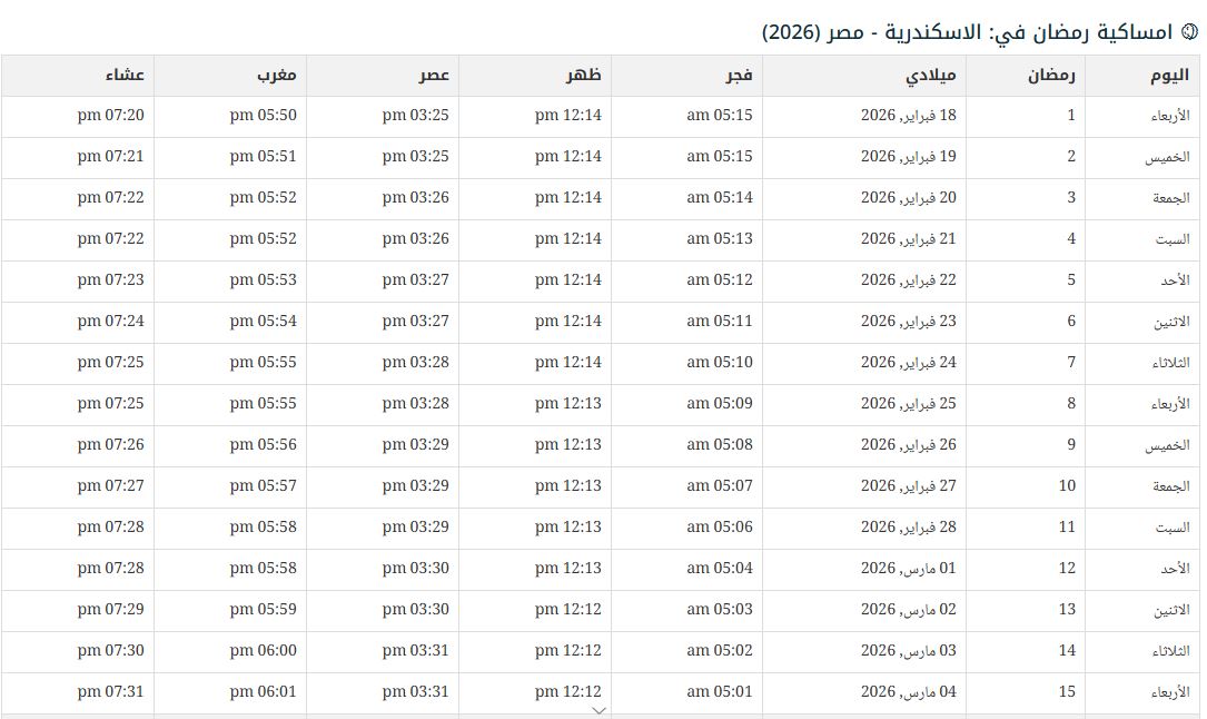 إمساكية رمضان 2026 في الإسكندرية