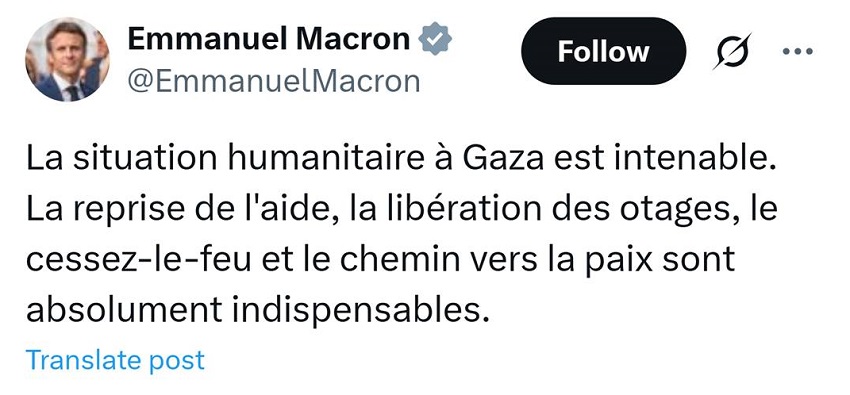 <strong>تويتة الرئيس الفرنسي حول غزة</strong>