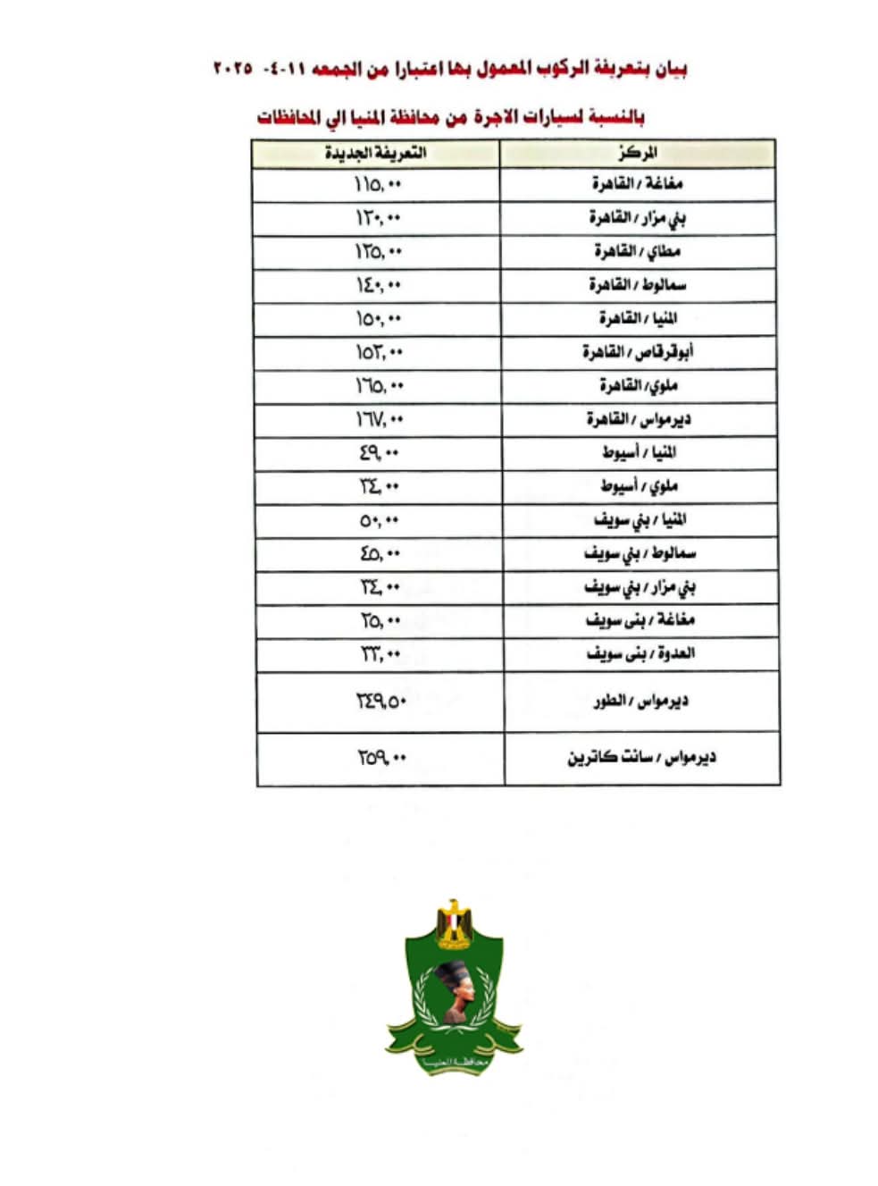 التعريفة الجديدة بالمنيا