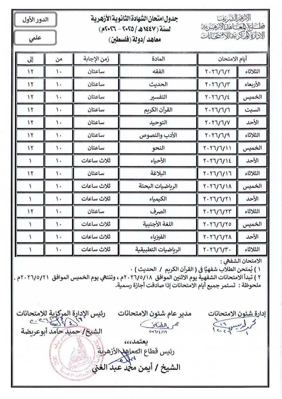 جدول امتحانات الثانوية الأزهرية فلسطين 2026 علمي