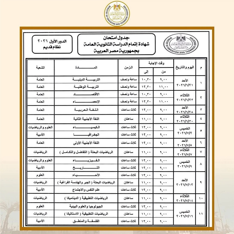 جدول امتحانات الثانوية العامة 2026 النظام القديم