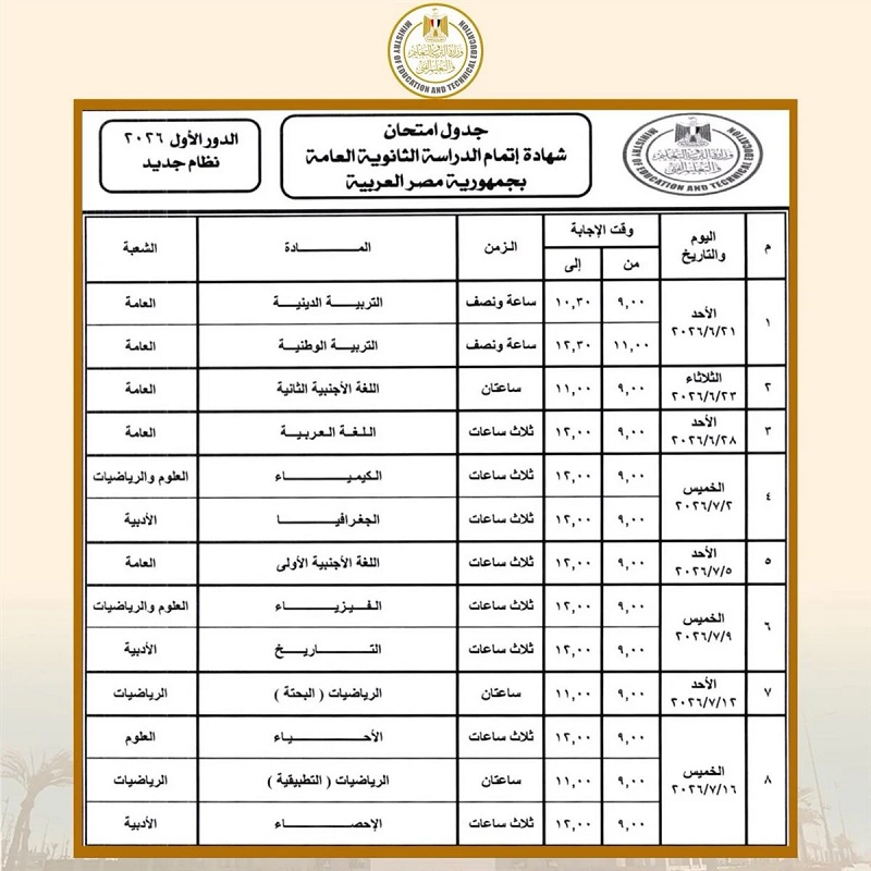 جدول امتحانات الثانوية العامة 2026 النظام الجديد