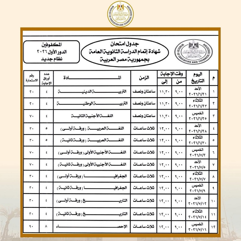 جدول امتحانات الثانوية العامة 2026 المكفوفين النظام الجديد