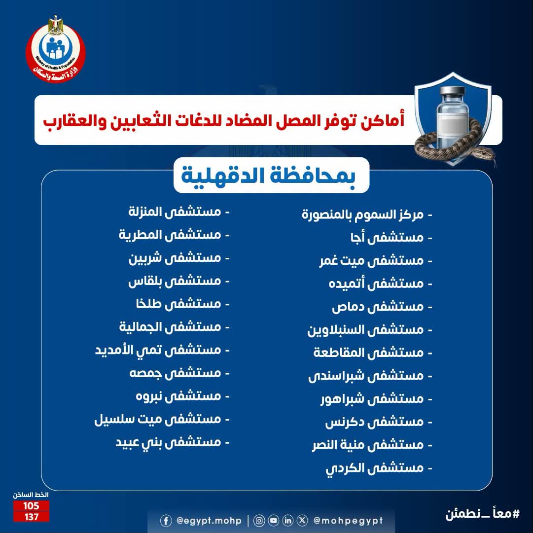أماكن توافر مصل الثعابين والعقارب في الدقهلية