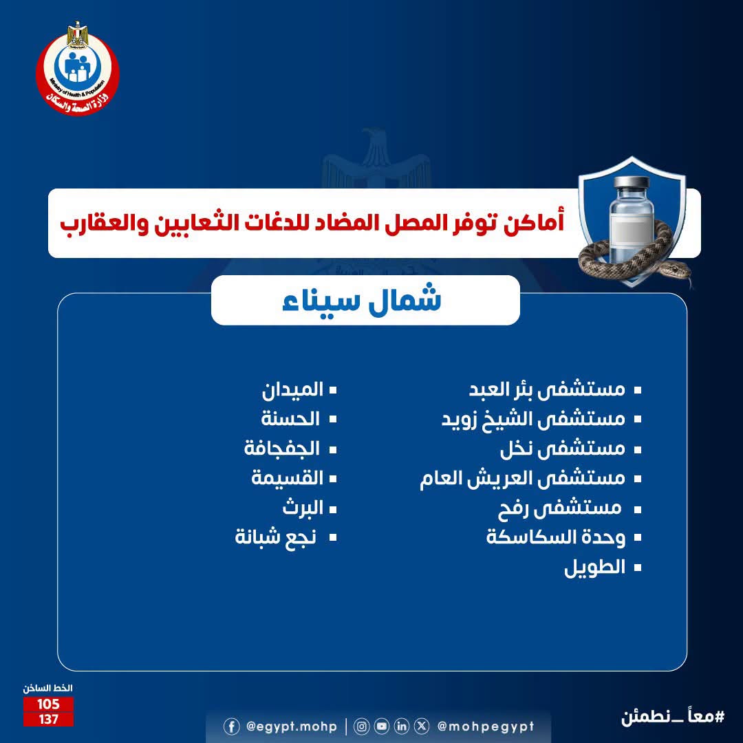 أماكن توافر مصل الثعابين والعقارب في شمال سيناء