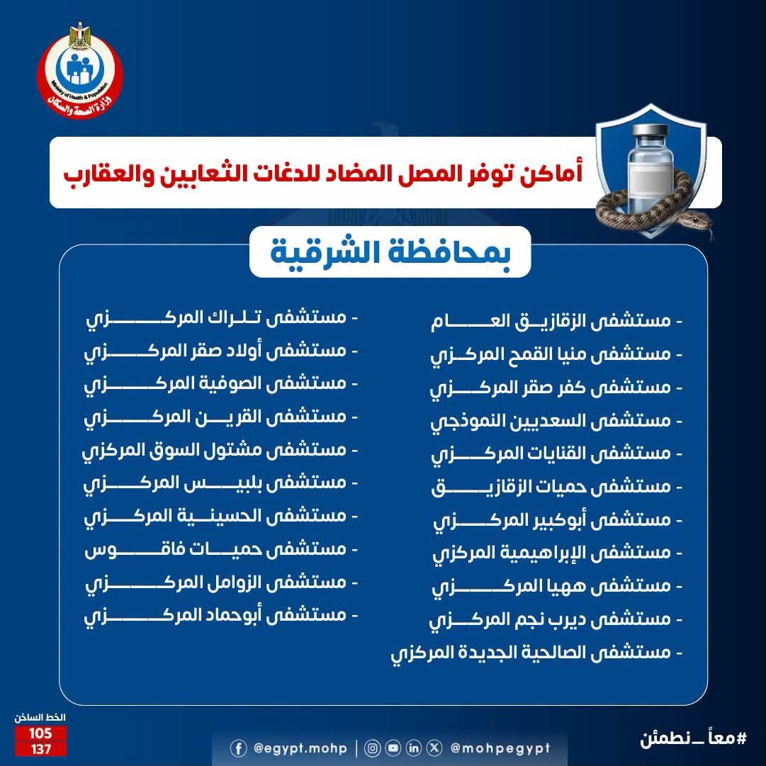 أماكن توافر مصل الثعابين والعقارب في الشرقية