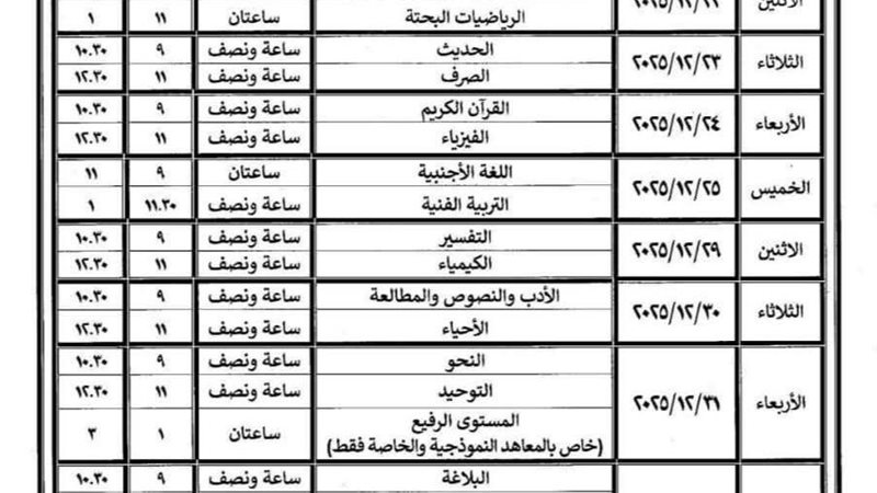 جدول الأمتحانات