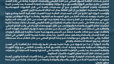 اجراءات استباقية لتأمين إمدادات الطاقة محليا في مواجهة للمستجدات الطارئة