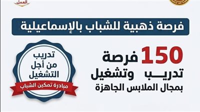 150 فرصة تدريب وتشغيل بالملابس الجاهزة بالإسماعيلية بالتعاون مع 