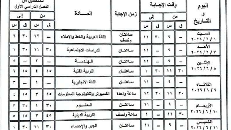 جدول امتحانات الشهادة