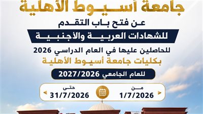فتح التقديم بكليات جامعة أسيوط الأهلية للعام الجامعي الجديد لشهادات المعادلة
