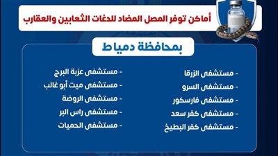 صحة دمياط تعلن أماكن توافر المصل المضاد للدغات الثعابين والعقارب بالمستشفيات