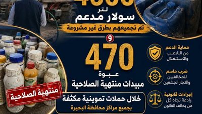 ضبط 4500 لتر سولار مدعم و470 عبوة مبيدات منتهية الصلاحية في حملات تموينية 