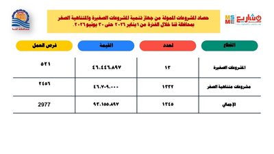 93 مليون جنيه لتمويل مشروعات صغيرة ومتناهية الصغر من بداية يناير ليونيو