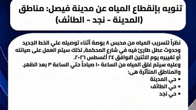 انقطاع المياه عن عدد من مناطق حي فيصل بالسويس الاثنين للصيانة 